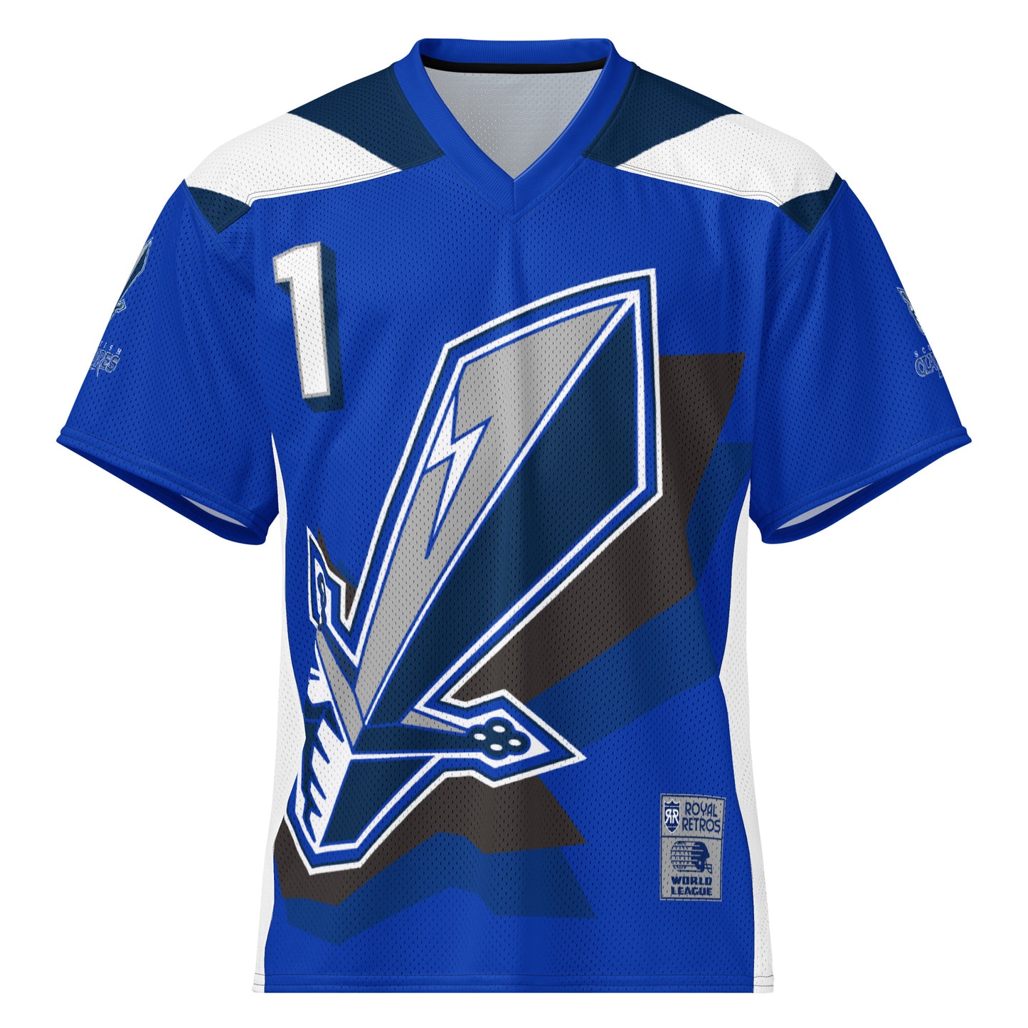 Scottish Claymores all-over print short-sleeve football jersey. Royal Blue. Dark blue trapezoid shape next to collar. White parallelogram shape next to that. #1 white with navy trim. Large stylizes claymore sword, with shadow, handle below left at waist, tip top right. Royal Retros