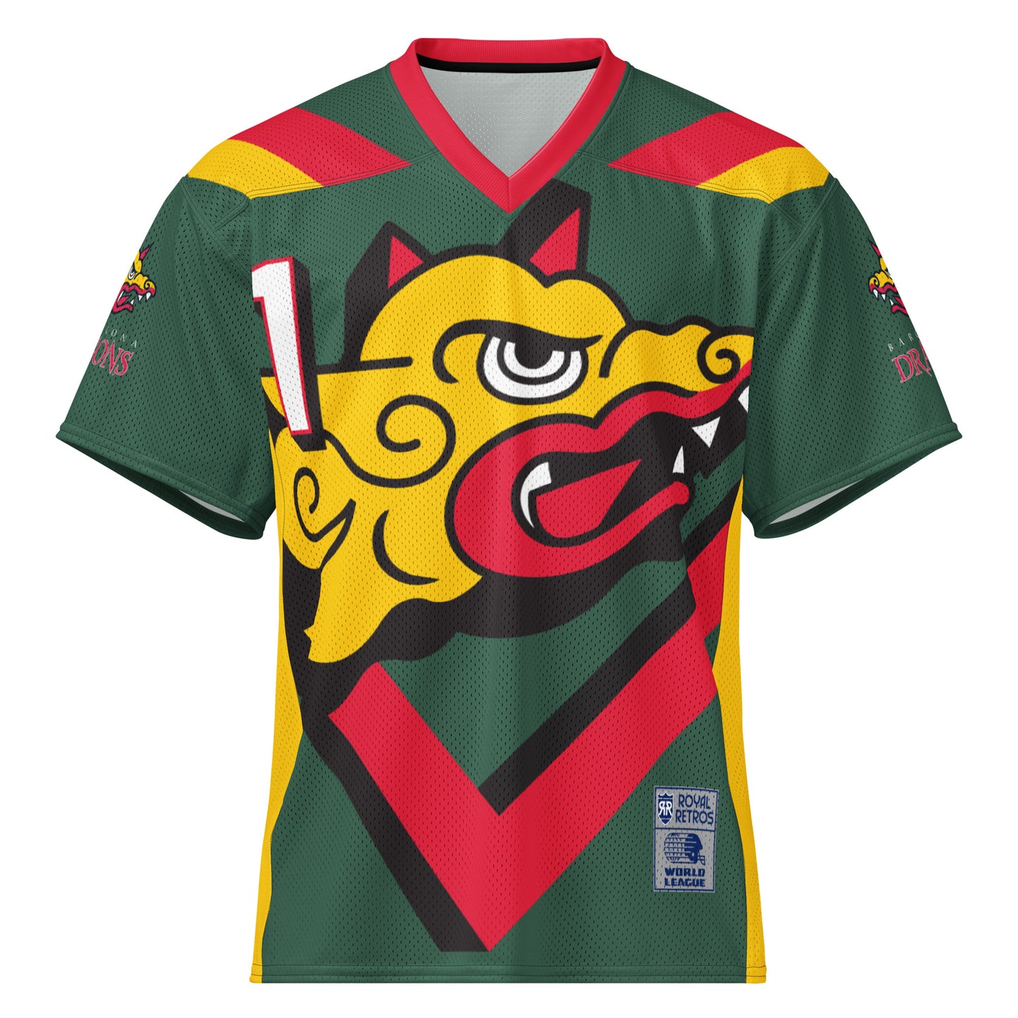 Barcelona Dragons all-over print short-sleeve football jersey. Green. Red collar. Red and gold bands angled on shoulders. #1 in white with black and red shadow upper left. Large dragon head, gold with red horns and red mouth. Upside down triangle, tip. Red with black shadow. Royal Retros.