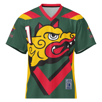 Barcelona Dragons all-over print short-sleeve football jersey. Green. Red collar. Red and gold bands angled on shoulders. #1 in white with black and red shadow upper left. Large dragon head, gold with red horns and red mouth. Upside down triangle, tip. Red with black shadow. Royal Retros.