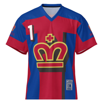 London Monarchs short sleeve football jersey, all-over print. Royal blue. Red cross pattern large. #1 upper left in white. M in the shape of a crown, red with gold trim, cross above red with gold trim, bar below red with gold trim. Red downsides and up through sleeves. Red sleeve ends. Royal Retros