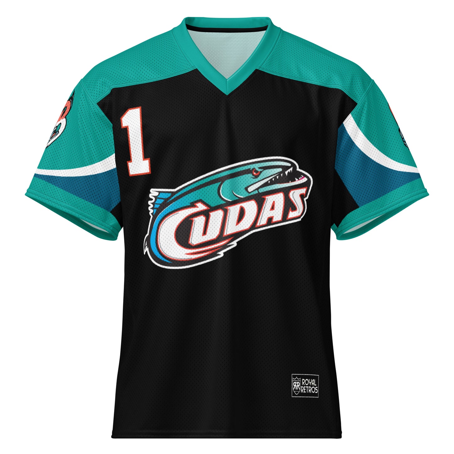 Birmingham all-over pattern short-sleeve football jersey, Black. Teal shoulders and sleeves. #1 in white with orange trim upper left. Barracuda logo, teal and blackfish, with ail forming C in white with UDAS in white following, large on chest. Royal Retros