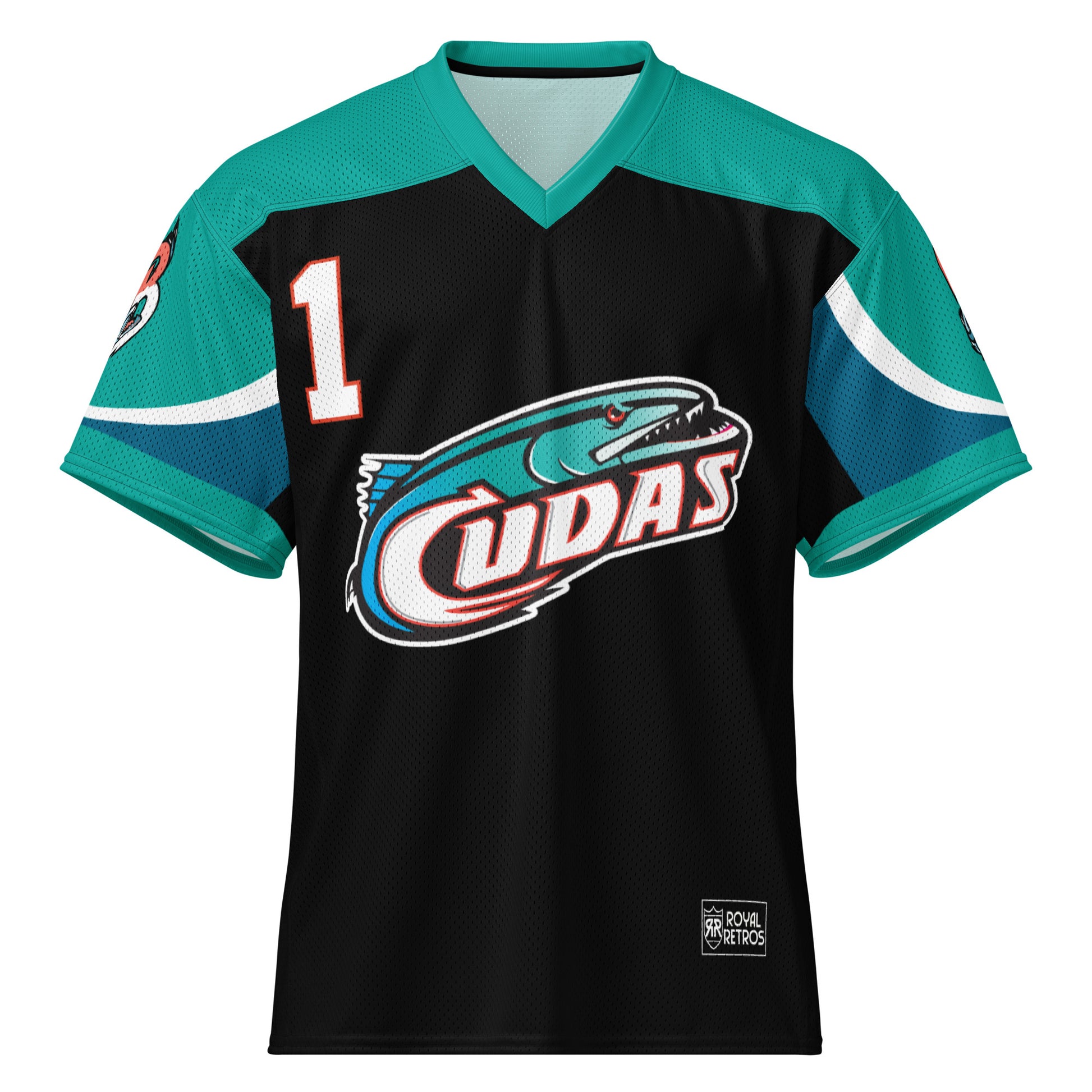 Birmingham all-over pattern short-sleeve football jersey, Black. Teal shoulders and sleeves. #1 in white with orange trim upper left. Barracuda logo, teal and blackfish, with ail forming C in white with UDAS in white following, large on chest. Royal Retros