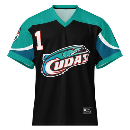 Birmingham all-over pattern short-sleeve football jersey, Black. Teal shoulders and sleeves. #1 in white with orange trim upper left. Barracuda logo, teal and blackfish, with ail forming C in white with UDAS in white following, large on chest. Royal Retros