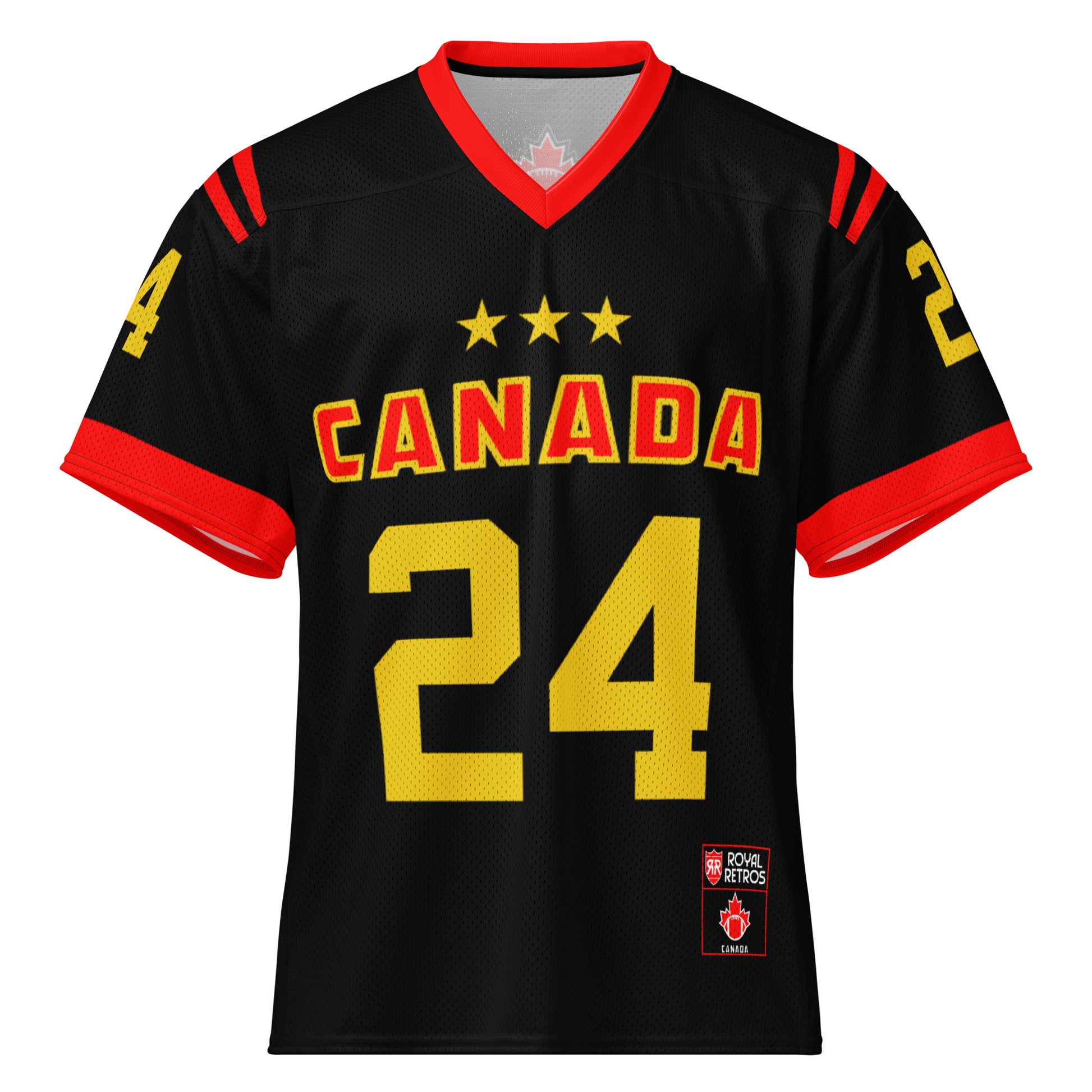 Football Canada short sleeve jersey black. Red collar, red sleeve ends. 3 small gold stars n chest, above CANADA in red with gold trim, #24 large in Gold below. Royal Retros