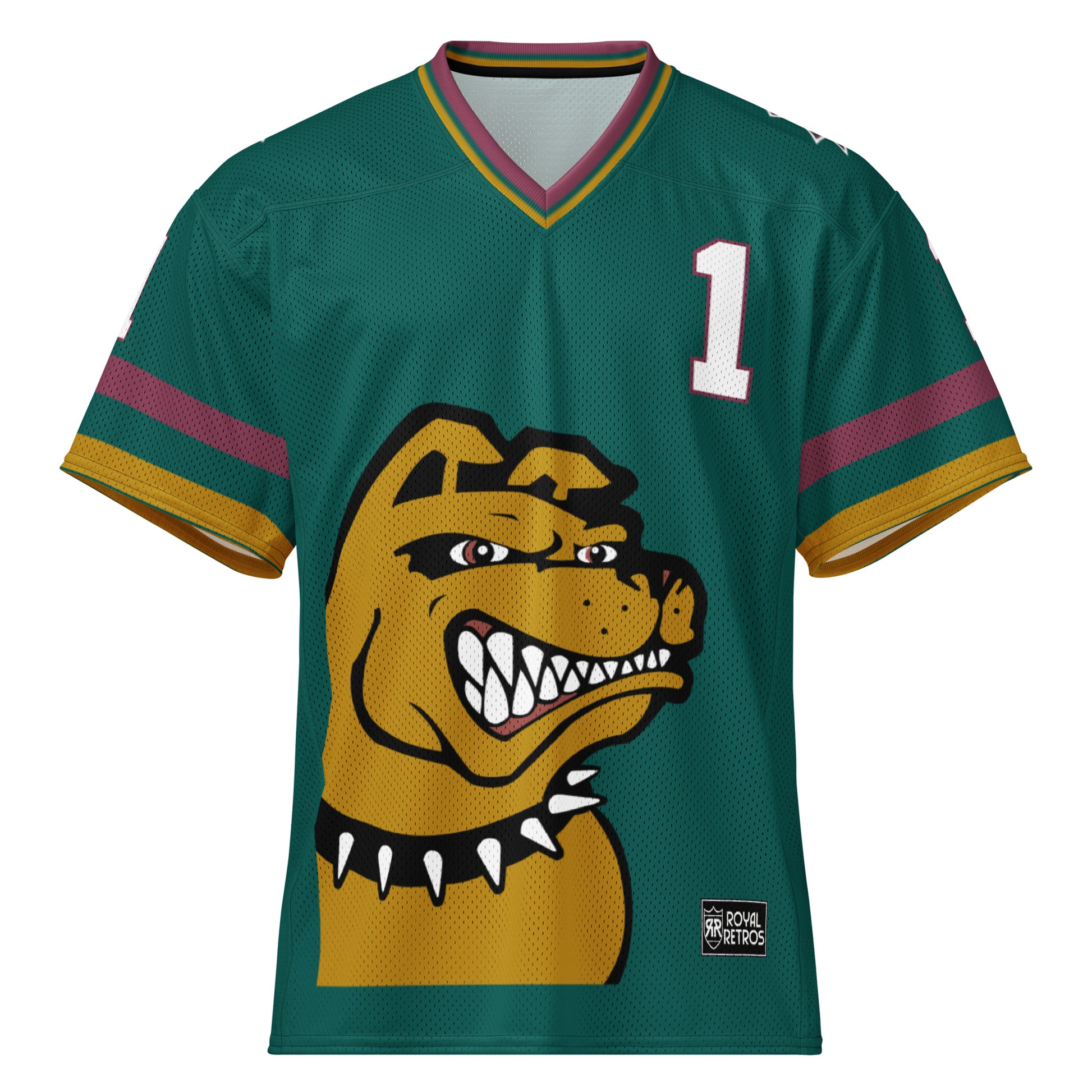 Memphis Mad Dogs Jersey green.  Gold dog head, growling, with spiked collar, lower left. #1 white with red trim upper right chest and sleeves. Red, green, and gold collar, and trim at sleeve ends. Royal Retros
