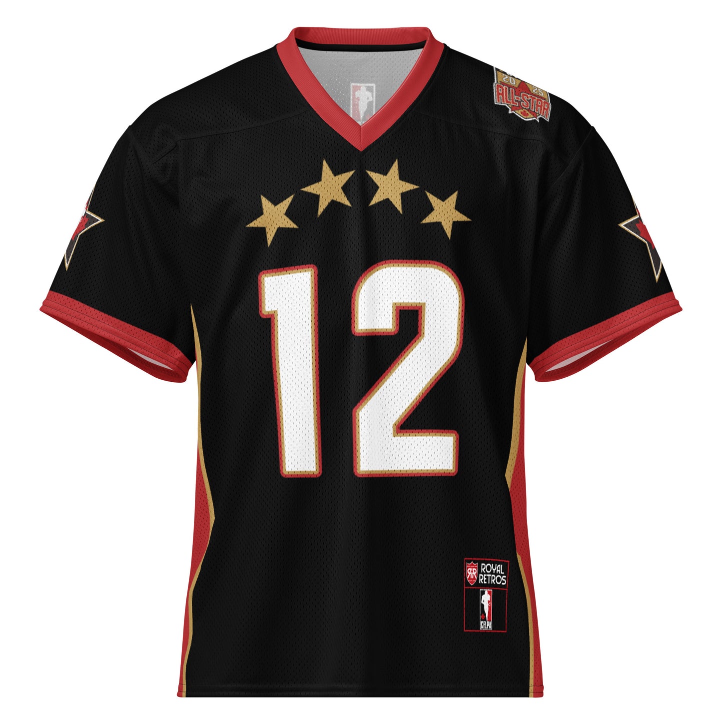 2025 CFLPA All-Star Replica Jersey. Black. Red collar and sleeve ends. Four gold stars over large white numerals with red trim. Gold, red, and gold stripes up sides. Royal Retros