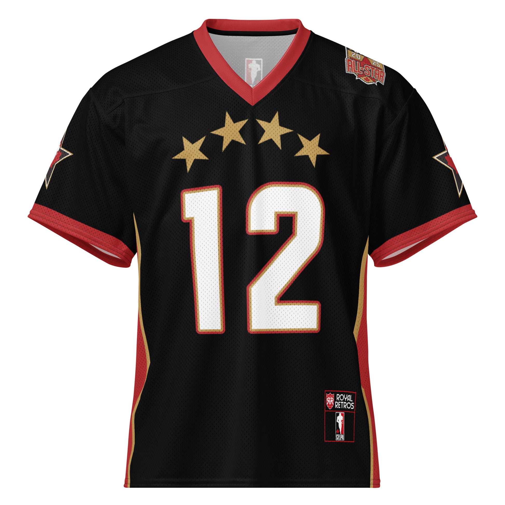 2025 CFLPA All-Star Replica Jersey. Black. Red collar and sleeve ends. Four gold stars over large white numerals with red trim. Gold, red, and gold stripes up sides. Royal Retros