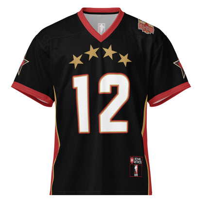 2025 CFLPA All-Star Replica Jersey. Black. Red collar and sleeve ends. Four gold stars over large white numerals with red trim. Gold, red, and gold stripes up sides. Royal Retros