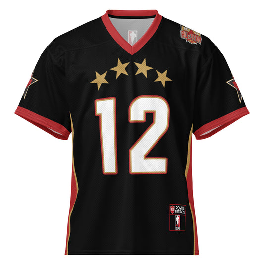 2025 CFLPA All-Star Replica Jersey. Black. Red collar and sleeve ends. Four gold stars over large white numerals with red trim. Gold, red, and gold stripes up sides. Royal Retros