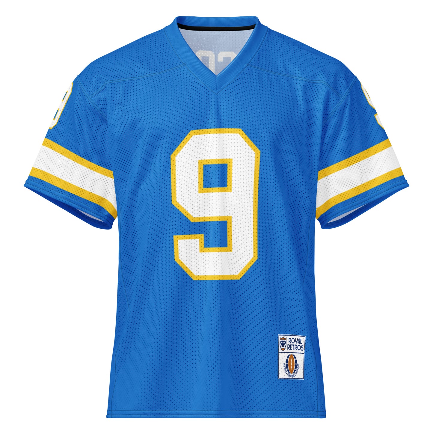 Philadelphia Bell King Corcoran jersey. Blue. Front has large 9 in white with gold trim. 9 on each sleeve, white with gold trim. Gold, white, and gold  bands just above sleeve ends. 9 on each sleeve, white with gold trim. Gold, white, and gold  bands just above sleeve ends. Royal Retros