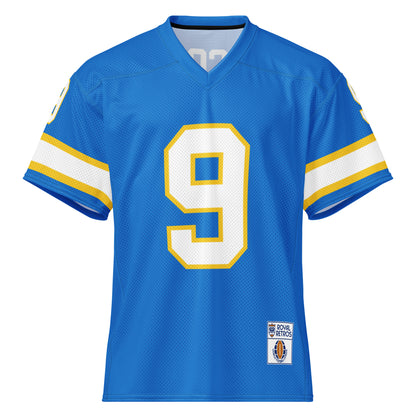 Philadelphia Bell King Corcoran jersey. Blue. Front has large 9 in white with gold trim. 9 on each sleeve, white with gold trim. Gold, white, and gold  bands just above sleeve ends. 9 on each sleeve, white with gold trim. Gold, white, and gold  bands just above sleeve ends. Royal Retros