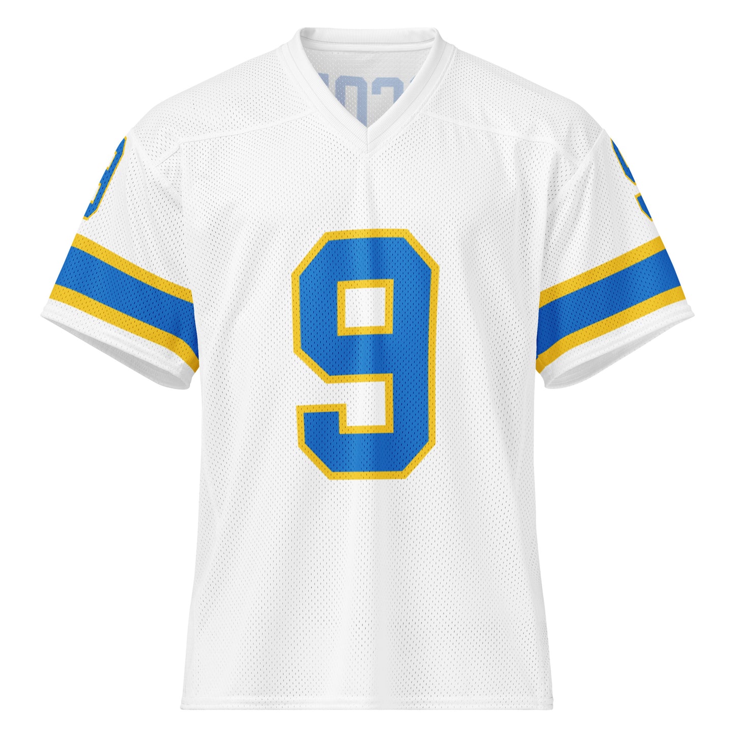 Philadelphia Bell King Corcoran jersey. White. Front has large 9 in blue with gold trim. 9 on each sleeve, blue with gold trim. Gold, blue, and gold  bands just above sleeve ends. Gold, blue, and gold  bands just above sleeve ends. Royal Retros
