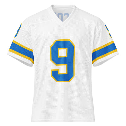 Philadelphia Bell King Corcoran jersey. White. Front has large 9 in blue with gold trim. 9 on each sleeve, blue with gold trim. Gold, blue, and gold  bands just above sleeve ends. Gold, blue, and gold  bands just above sleeve ends. Royal Retros