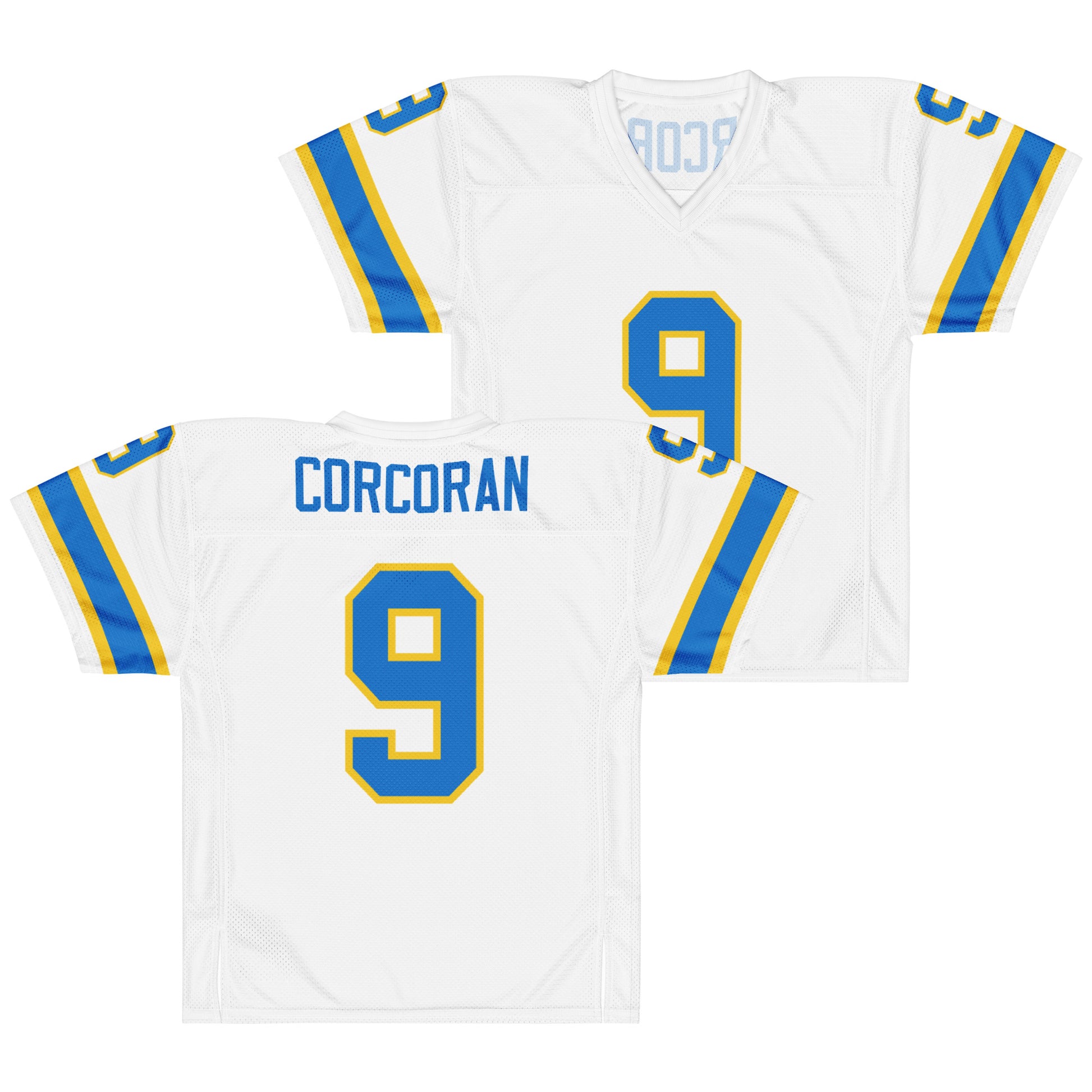 Philadelphia Bell King Corcoran jersey. White. Front has large 9 in blue with gold trim. 9 on each sleeve, blue with gold trim. Gold, blue, and gold  bands just above sleeve ends. Back. Corcoran in blue across top, large 9 in blue with gold trim. 9 on each sleeve, blue with gold trim. Gold, blue, and gold  bands just above sleeve ends. Royal Retros