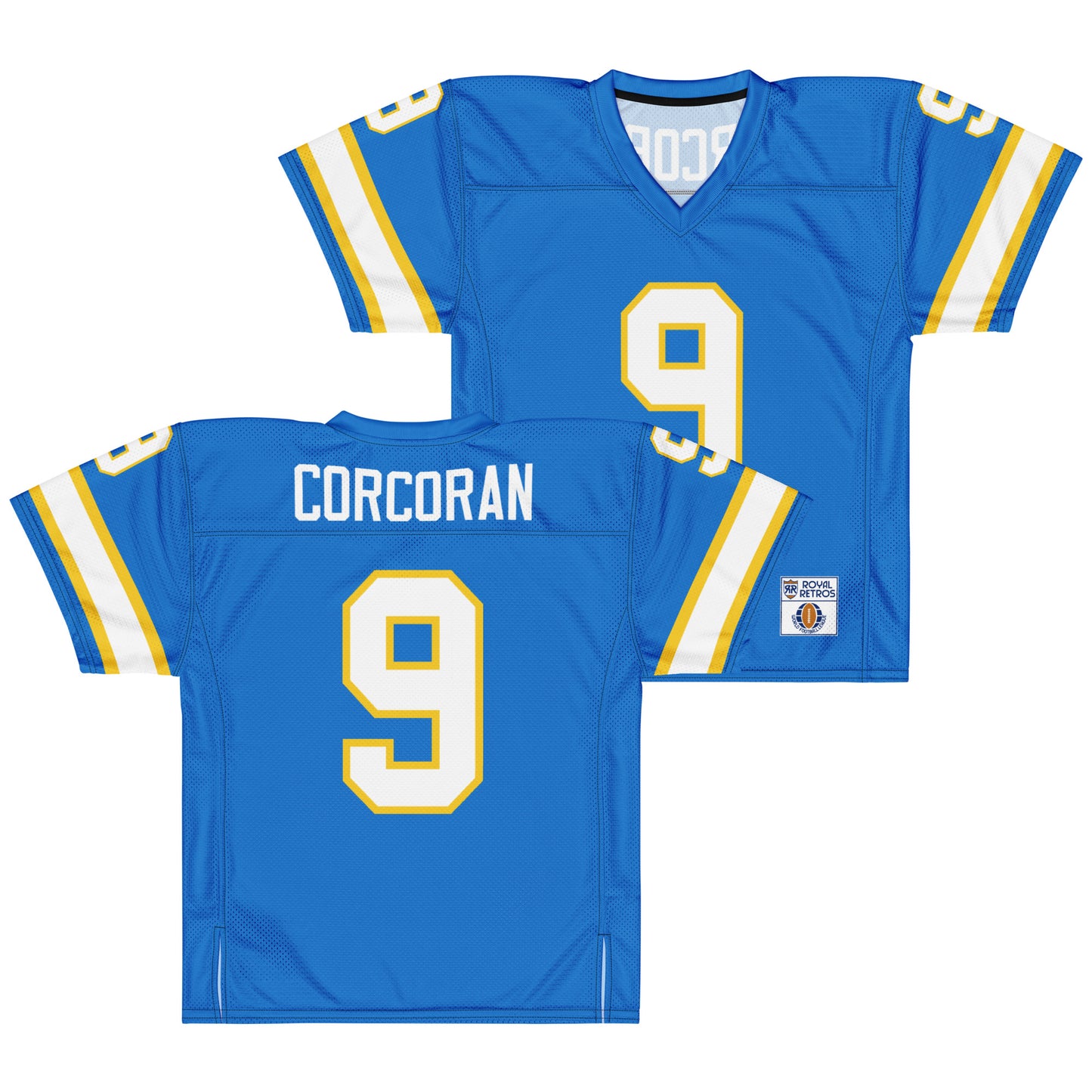 Philadelphia Bell King Corcoran jersey. Blue. Front has large 9 in white with gold trim. 9 on each sleeve, white with gold trim. Gold, white, and gold  bands just above sleeve ends. Back. Corcoran in white across top, large 9 in white with gold trim. 9 on each sleeve, white with gold trim. Gold, white, and gold  bands just above sleeve ends. Royal Retros