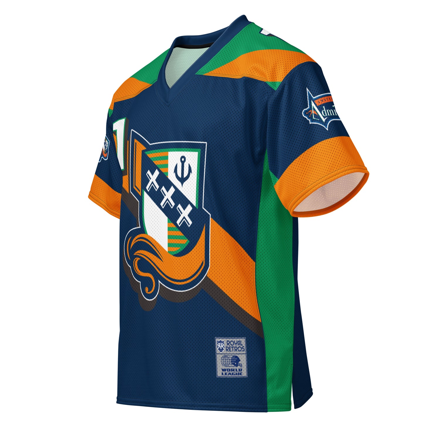 Amsterdam Admirals all-over football short-sleeve football jersey. Blue. Blue collar. Green triangle shape next to collar, next to orange triangle, both across shoulders. Orange sleeve ends with green band inside sleeve vertically. Admirals logo on both sleeves. Orange stripe diagonal left to right. #1 in white upper left. Shield in center divided into four sections. Top left and bottom right are green and orange stripes alternating. Top right blue anchor on white. Bottom left jut white. Orange tail 