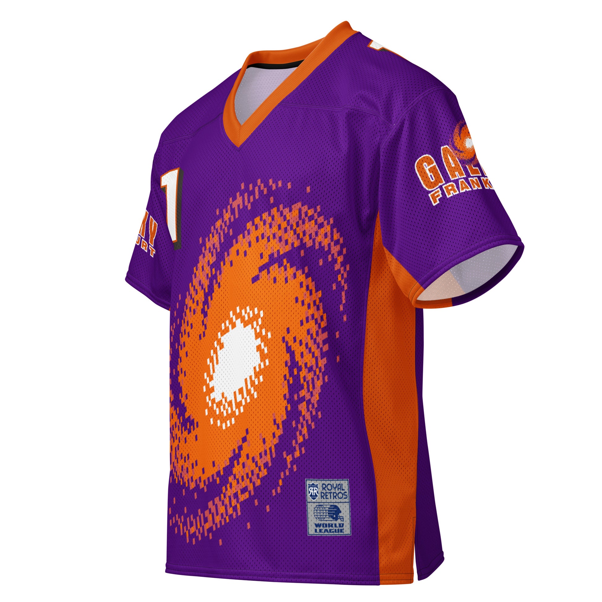 Frankfurt Galaxy all-over print short-sleeve football jersey. Purple. orange collar. "Galaxy Frankfurt" in orange with white outline on both sleeves. #1 in white with orange trim upper left. Large, orange, spiral galaxy on front, with white center. Orange bar from inner sleeve down sides. Royal Retros. 