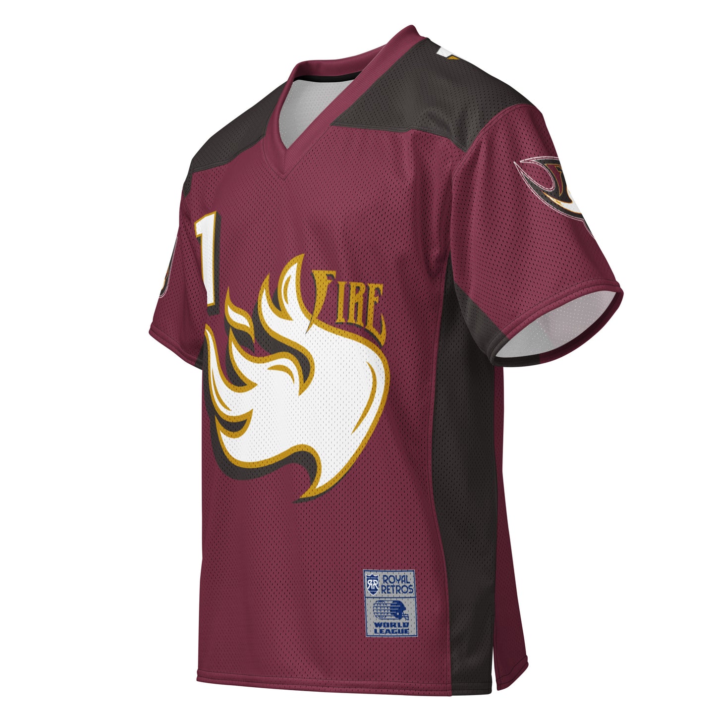 Rhein Fire all-over print short-sleeve football jersey. Purple. #1 white with gold trim upper left. Large white flames with gold trim in center. Fire on gold above right. Royal Retros