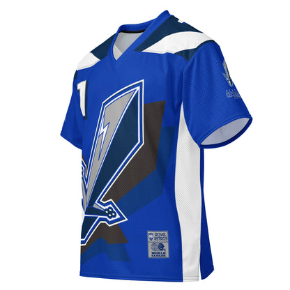 Scottish Claymores all-over print short-sleeve football jersey. Royal Blue. Dark blue trapezoid shape next to collar. White parallelogram shape next to that. #1 white with navy trim. Large stylizes claymore sword, with shadow, handle below left at waist, tip top right. White band down side. Royal Retros