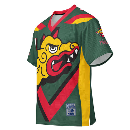 Barcelona Dragons all-over print short-sleeve football jersey. Green. Red collar. Red and gold bands angled on shoulders. #1 in white with black and red shadow upper left. Large dragon head, gold with red horns and red mouth. Upside down triangle, tip. Red with black shadow. Royal Retros.