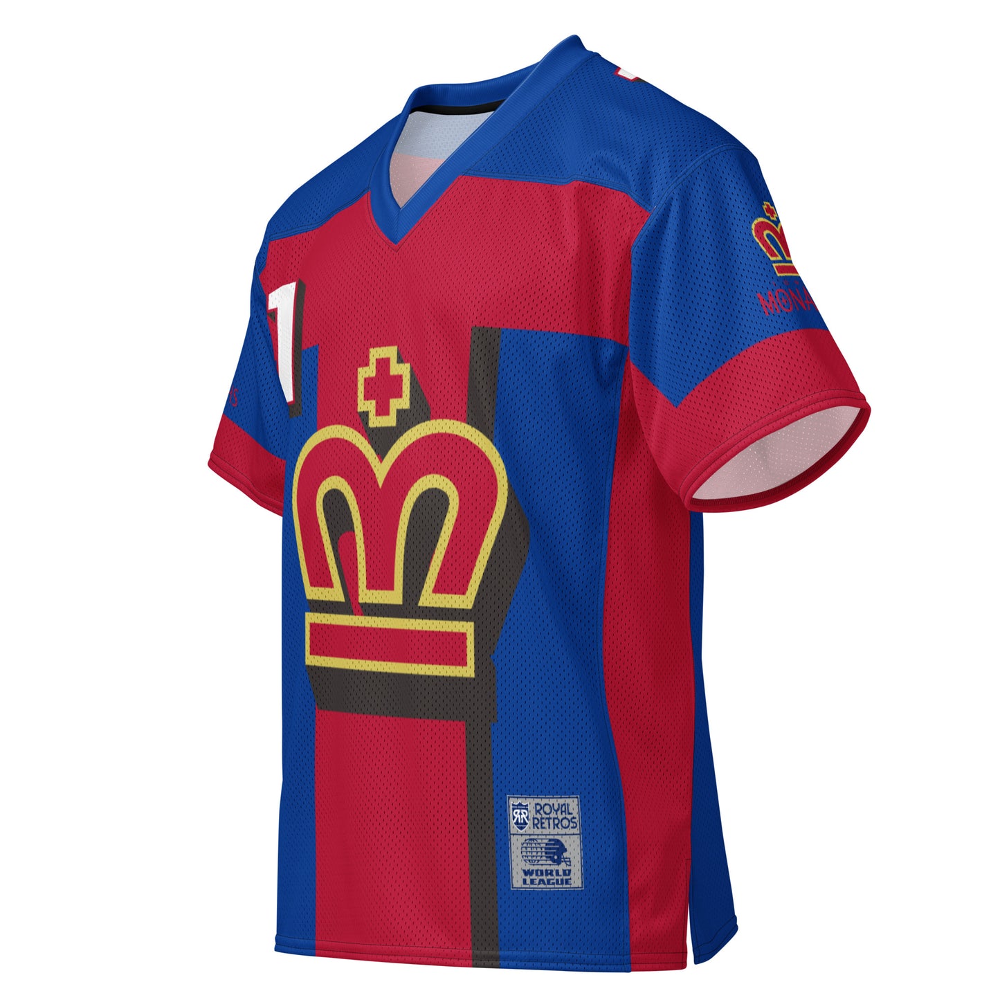 London Monarchs short sleeve football jersey, all-over print. Royal blue. Red cross pattern large. #1 upper left in white. M in the shape of a crown, red with gold trim, cross above red with gold trim, bar below red with gold trim. Red downsides and up through sleeves. Red sleeve ends. Royal Retros