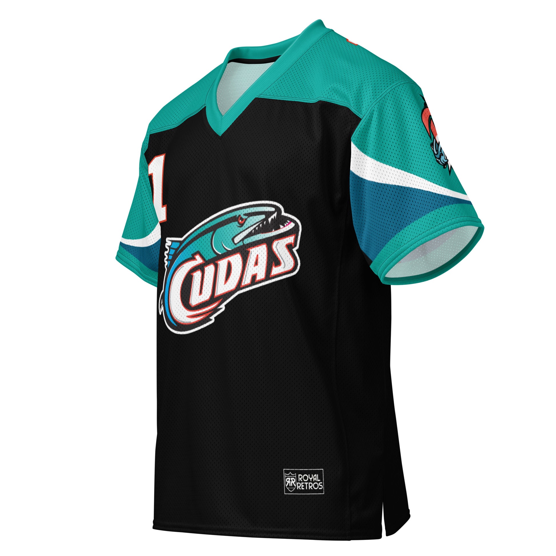 Birmingham all-over pattern short-sleeve football jersey, Black. Teal shoulders and sleeves. #1 in white with orange trim upper left. Barracuda logo, teal and blackfish, with ail forming C in white with UDAS in white following, large on chest. Royal Retros