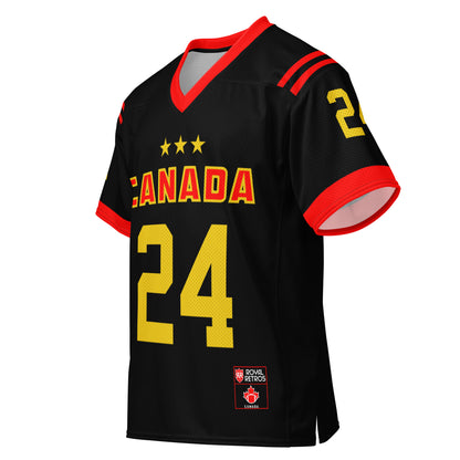 Football Canada short sleeve jersey black. Red collar, red sleeve ends. 3 small gold stars n chest, above CANADA in red with gold trim, #24 large in Gold below. Royal Retros