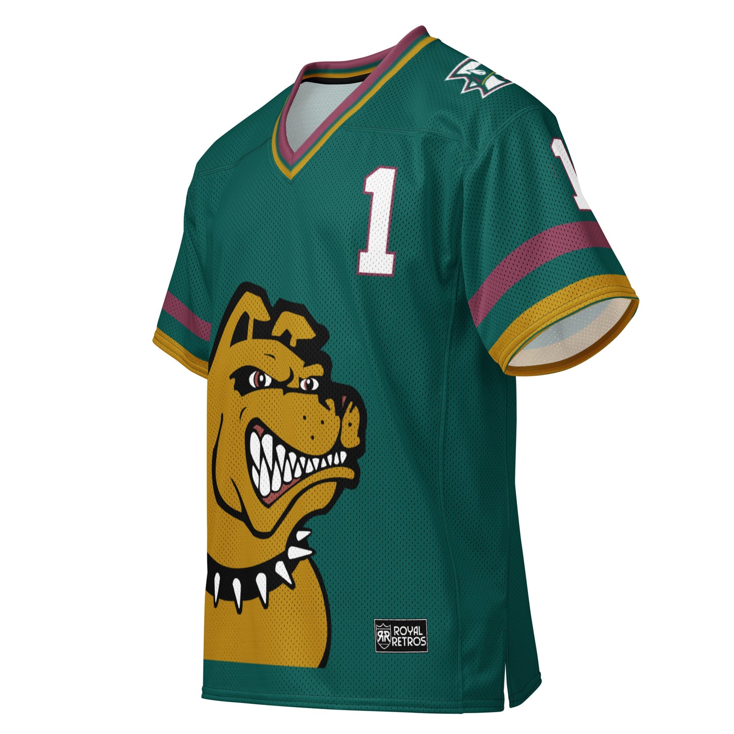 Memphis Mad Dogs Jersey green.  Gold dog head, growling, with spiked collar, lower left. #1 white with red trim upper right chest and sleeves. Red, green, and gold collar, and trim at sleeve ends. Royal Retros