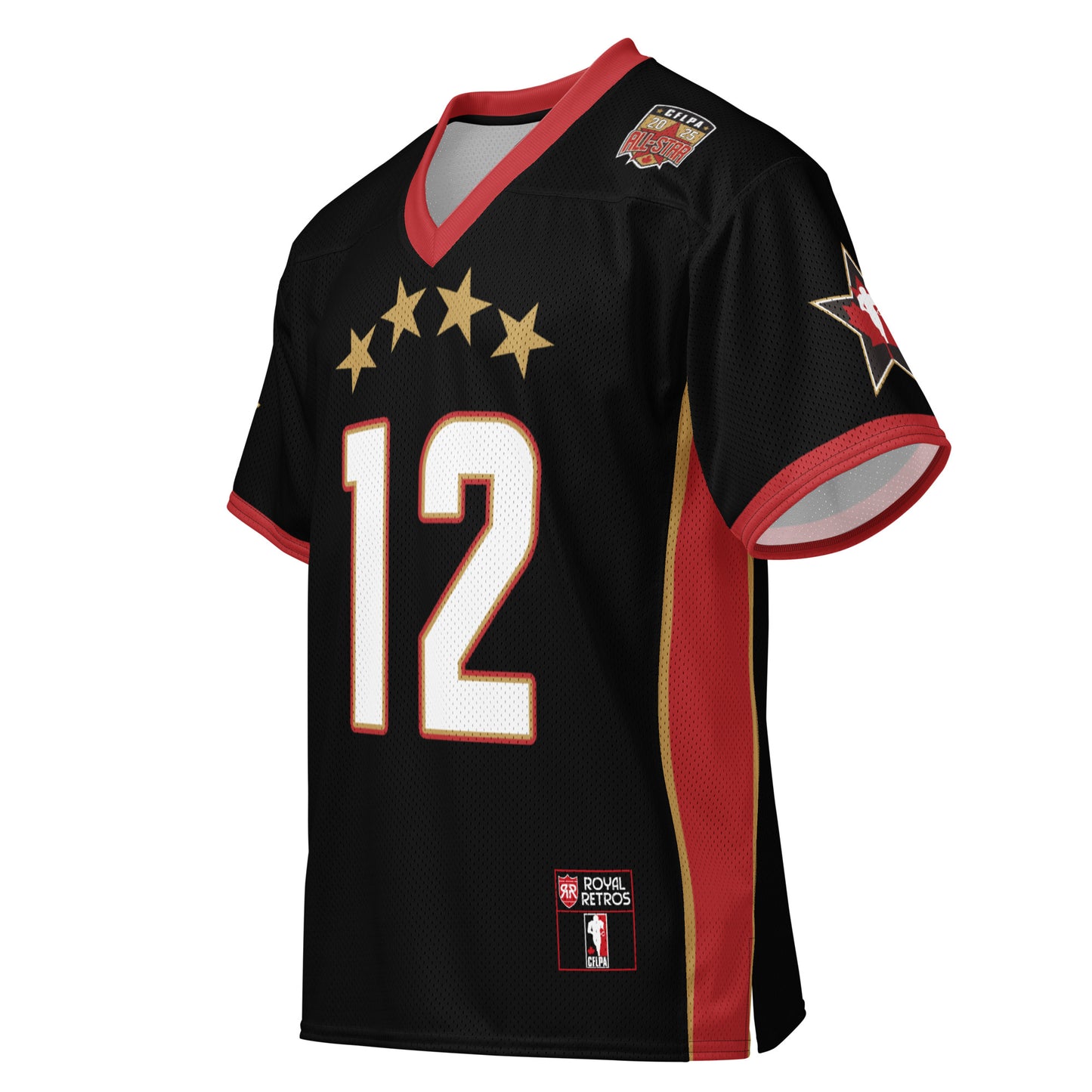 2025 CFLPA All-Star Replica Jersey. Black. Red collar and sleeve ends. Four gold stars over large white numerals with red trim. Gold, red, and gold stripes up sides. Royal Retros