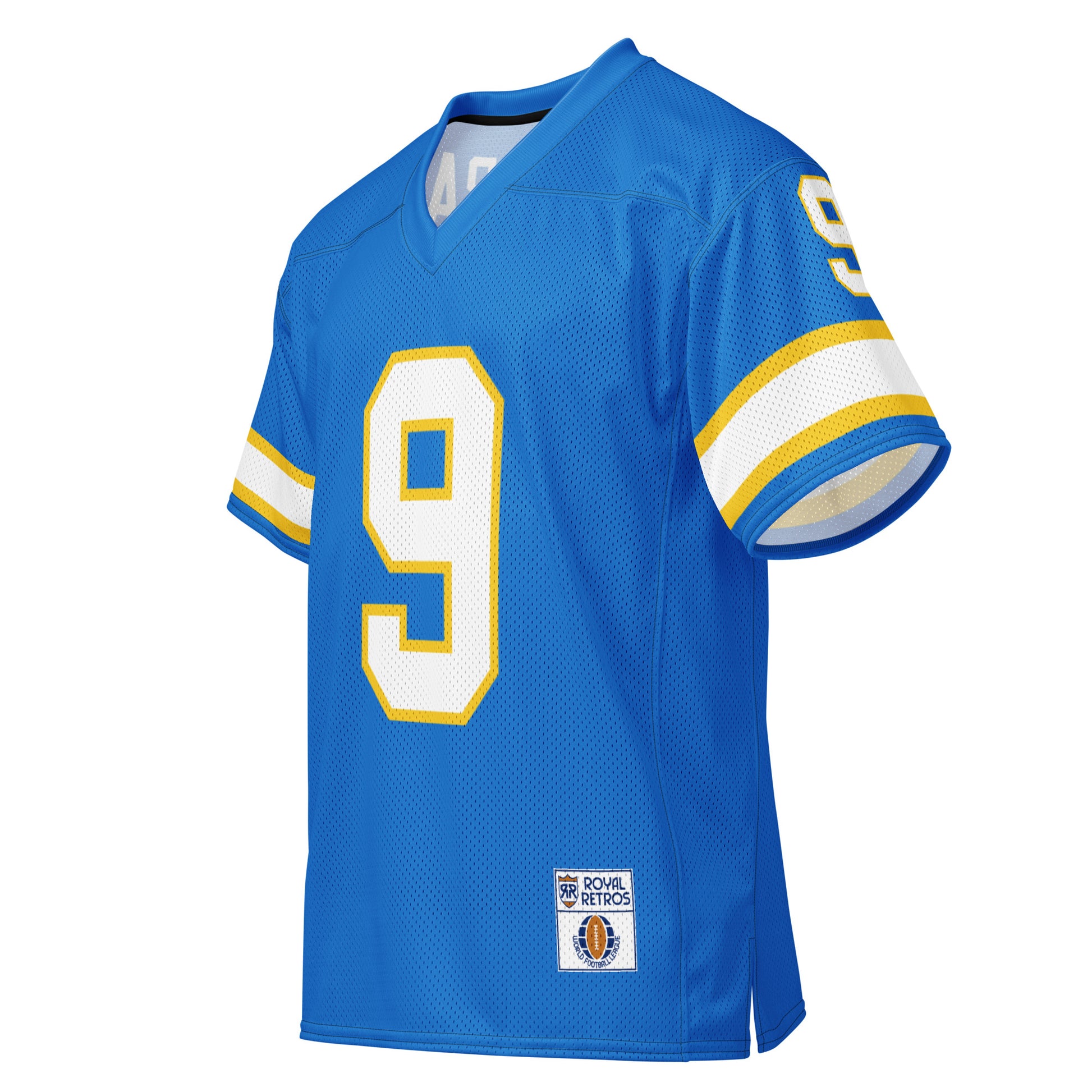 Philadelphia Bell King Corcoran jersey. Blue. Front has large 9 in white with gold trim. 9 on each sleeve, white with gold trim. Gold, white, and gold  bands just above sleeve ends. 9 on each sleeve, white with gold trim. Gold, white, and gold  bands just above sleeve ends. Royal Retros