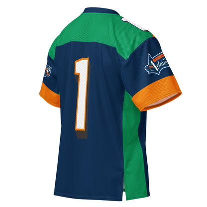 Amsterdam Admirals all-over football short-sleeve football jersey. Blue. Blue collar. Green across shoulders. Orange sleeve ends. Admirals logo on both sleeves. #1 white with orange trim large on back. Large green stripe down sides. Royal Retros