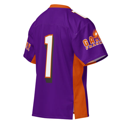Frankfurt Galaxy all-over print short-sleeve football jersey. Purple. orange collar. "Galaxy Frankfurt" in orange with white outline on both sleeves. #1 large on back white with orange trim. Orange band from inside sleeve and down sides Royal Retros. 