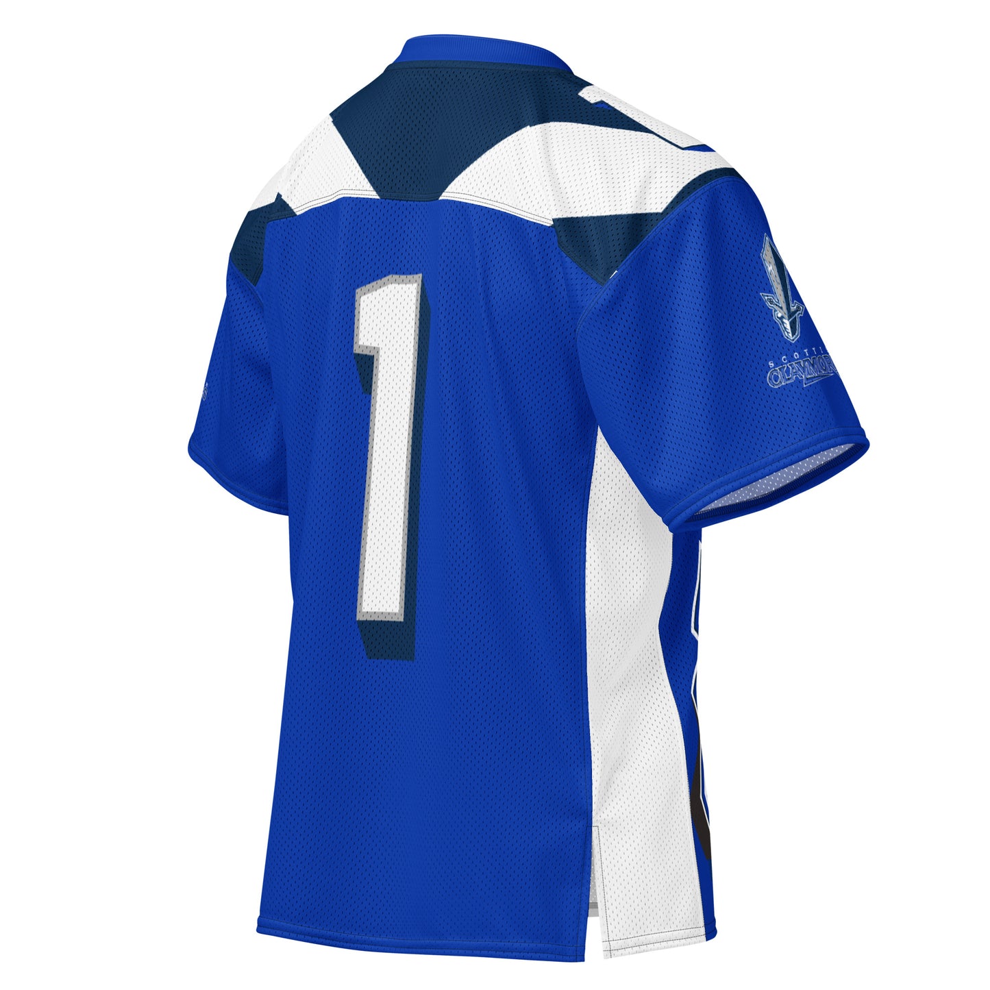 Scottish Claymores all-over print short-sleeve football jersey. Royal Blue. Dark blue trapezoid shape next to collar. White parallelogram shape next to that. #1 white with navy trim large on back. Royal Retros