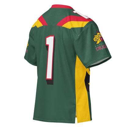Barcelona Dragons all-over print short-sleeve football jersey. Green. Red collar. Red and gold bands angled on shoulders. #1 in white with black and red shadow large on back. Royal Retros