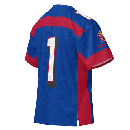 London Monarchs short sleeve football jersey, all-over print. Royal blue. Red cross pattern large. #1 white with black and red shadow large on back. Royal Retros