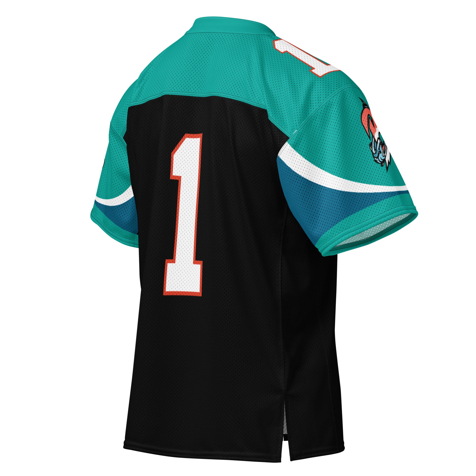 Birmingham all-over pattern short-sleeve football jersey, Black. Teal shoulders and sleeves. #1 in white with orange trim large on back. Royal Retros