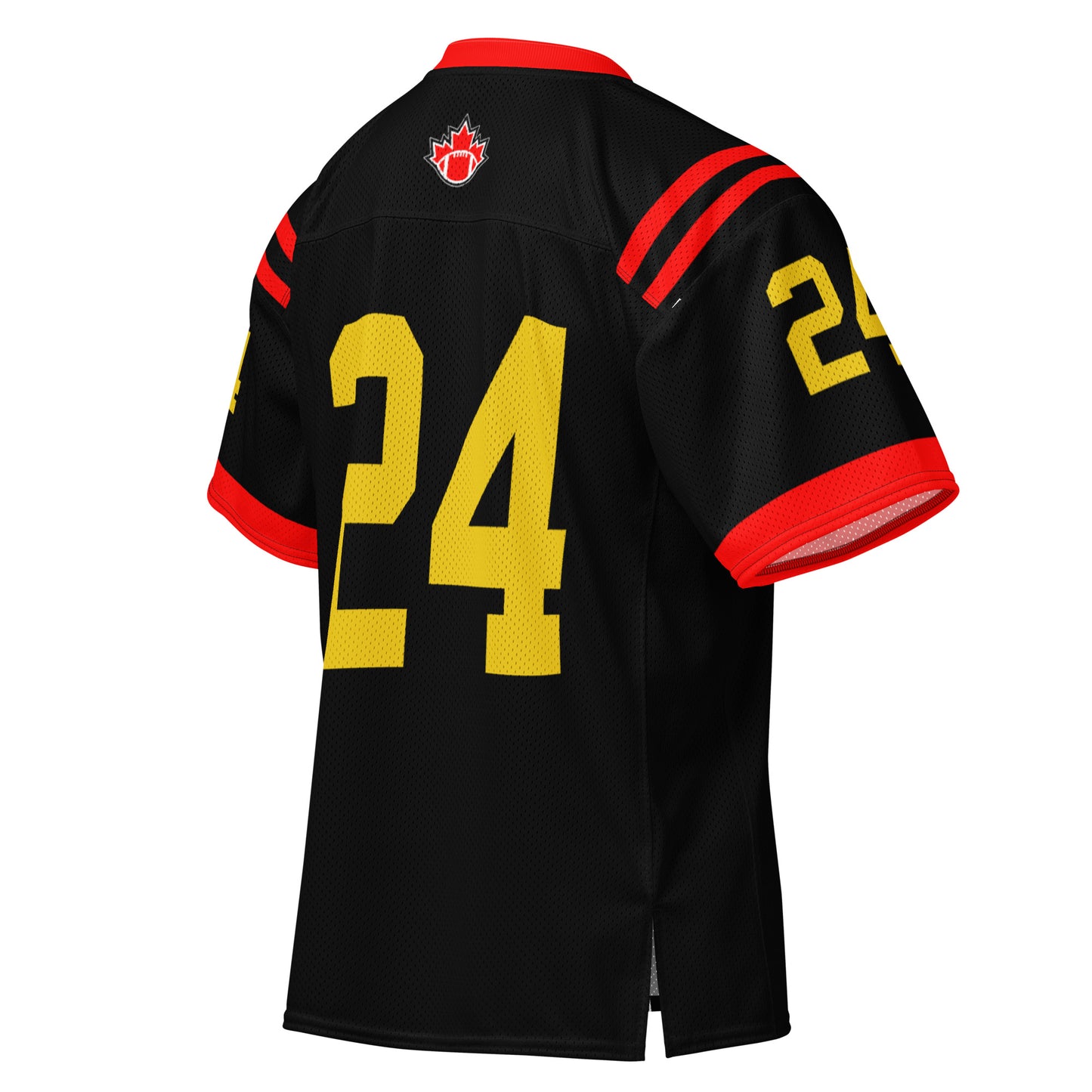 Football Canada short sleeve jersey black. Red collar, red sleeve ends. #24 large in Gold large on back and on sleeves. Royal Retros