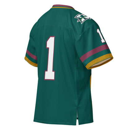 Memphis Mad Dogs Jersey green. #1 on back, white with red trim. Red, green, and gold collar, and trim at sleeve ends. Royal Retros