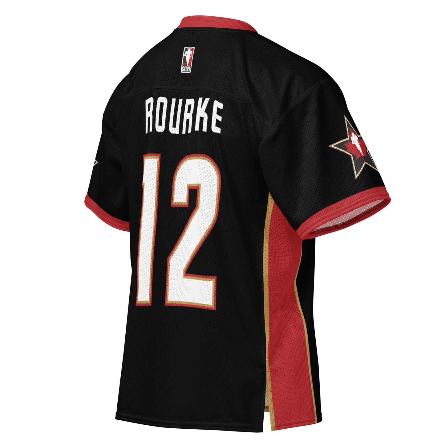 2025 CFLPA All-Star Replica Jersey. Black. Back. Red collar and sleeve ends. Four gold stars over large white name over large white numerals with red trim. Gold, red, and gold stripes up sides. Royal Retro