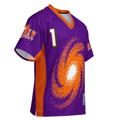 Frankfurt Galaxy all-over print short-sleeve football jersey. Purple. orange collar. "Galaxy Frankfurt" in orange with white outline on both sleeves. #1 in white with orange trim upper left. Large, orange, spiral galaxy on front, with white center. Orange bar from inner sleeve down sides. Royal Retros. 