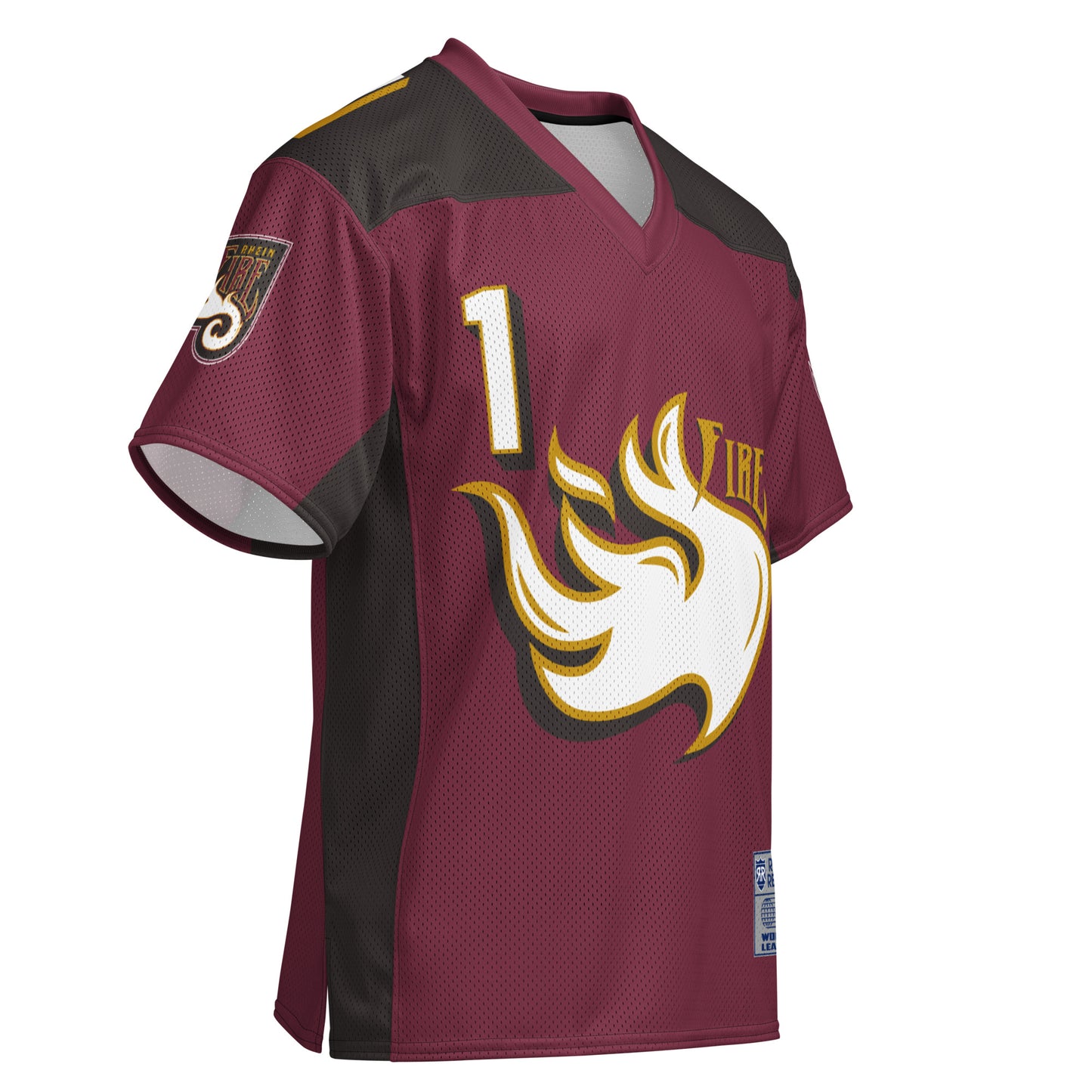 Rhein Fire all-over print short-sleeve football jersey. Purple. #1 white with gold trim upper left. Large white flames with gold trim in center. Fire on gold above right. Royal Retros
