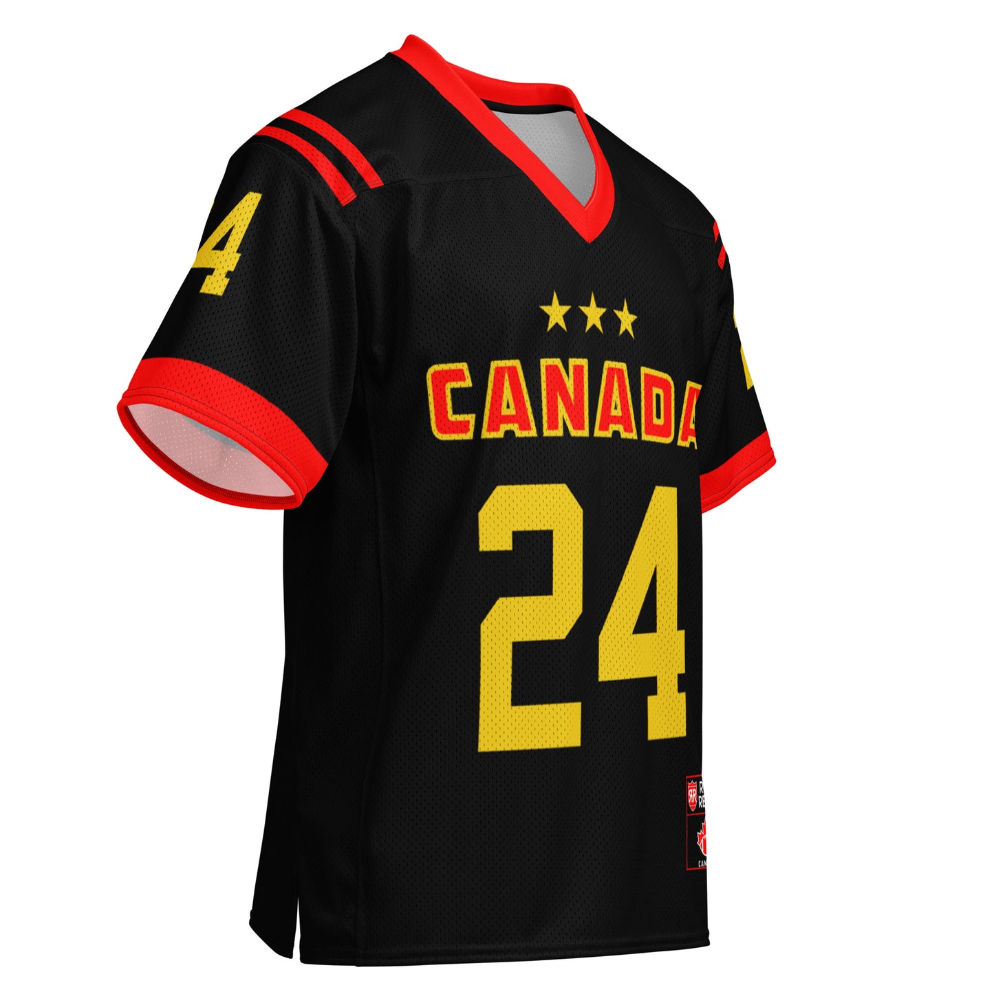 Football Canada short sleeve jersey black. Red collar, red sleeve ends. 3 small gold stars n chest, above CANADA in red with gold trim, #24 large in Gold below. Royal Retros