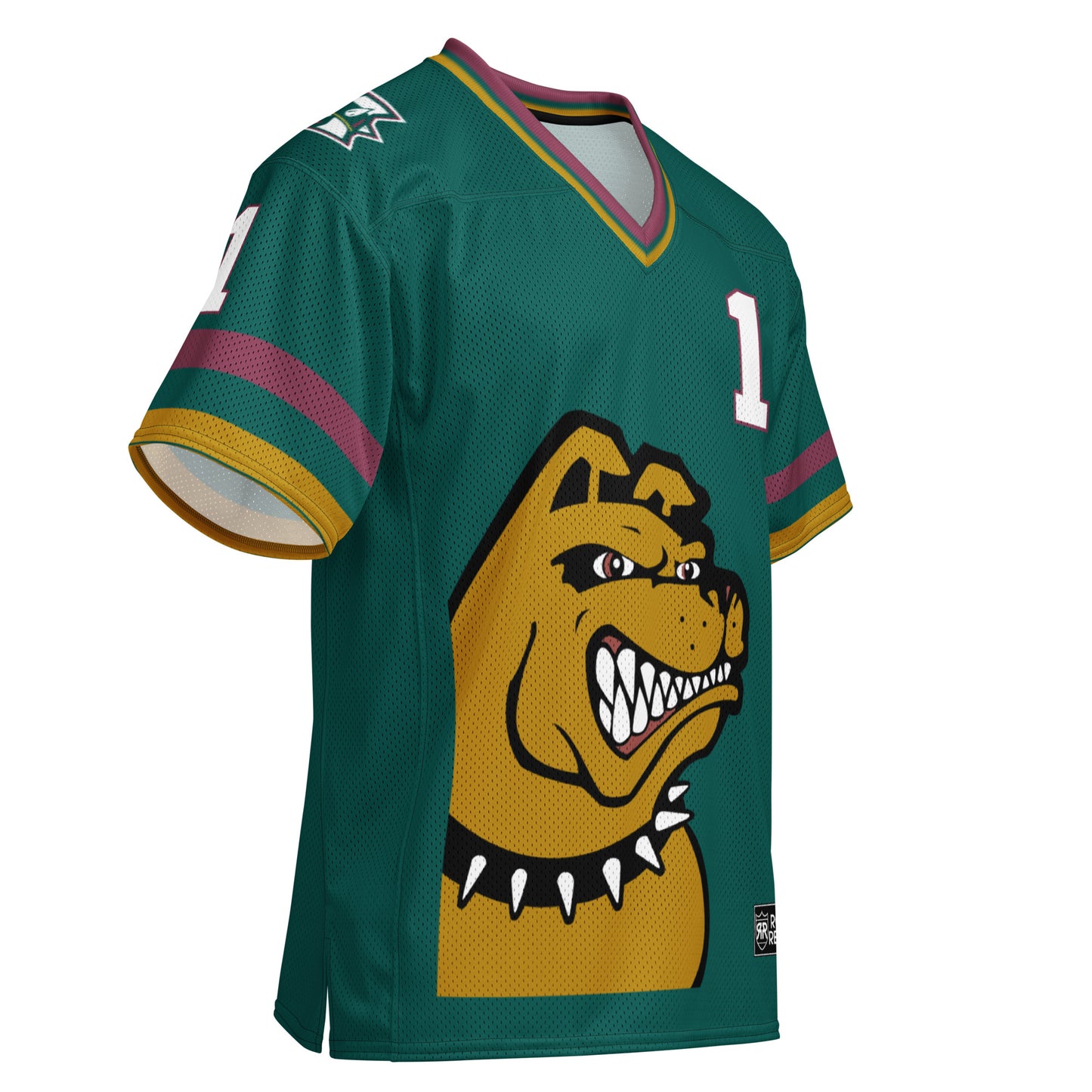 Memphis Mad Dogs Jersey green.  Gold dog head, growling, with spiked collar, lower left. #29 white with red trim upper right chest and sleeves. Red, green, and gold collar, and trim at sleeve ends. Royal Retros
