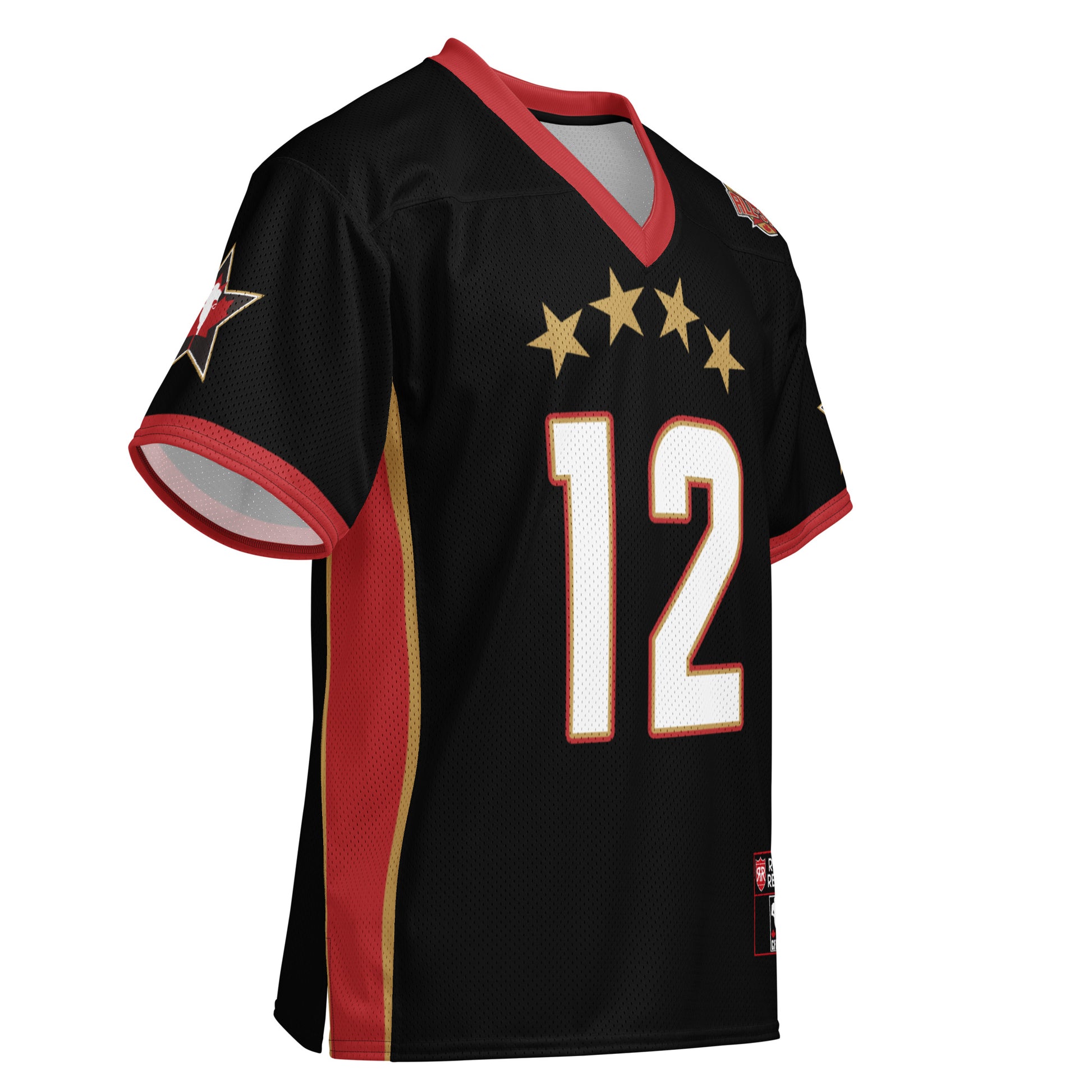 2025 CFLPA All-Star Replica Jersey. Black. Red collar and sleeve ends. Four gold stars over large white numerals with red trim. Gold, red, and gold stripes up sides. Royal Retros