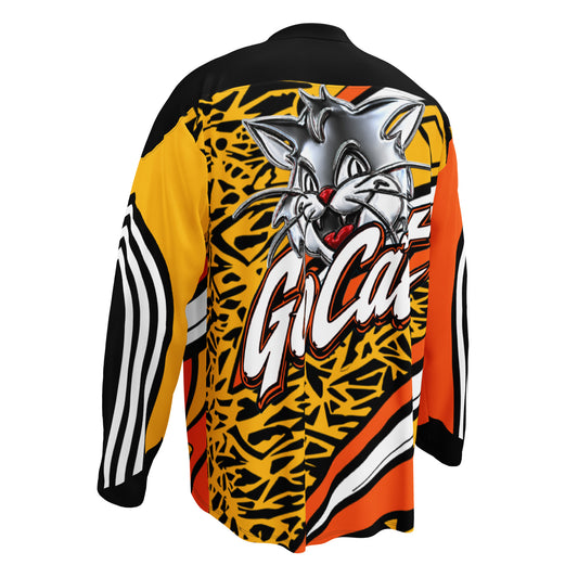 Go Cat Jersey, back view: chrome Go Cat head and script wordmark across the back, long black-and-white striped sleeves