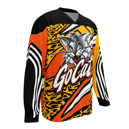 Go Cat Jersey, front view: chrome Go Cat head over the script wordmark on an orange and gold jersey with black-and-white striped sleeves