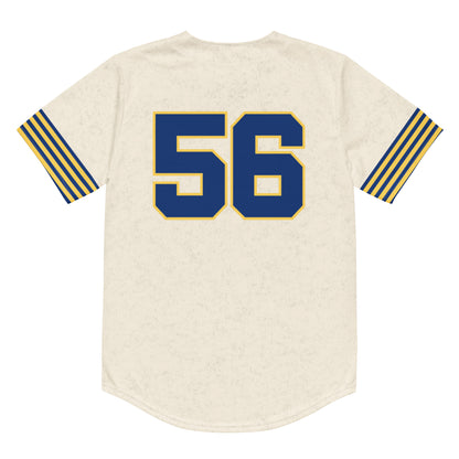 Seattle Pilots button-up short sleeve baseball jersey, cream. Large 56 on back center, blue with gold trim. Alternating thin blue and gold stripes on sleeve ends. Royal Retros.