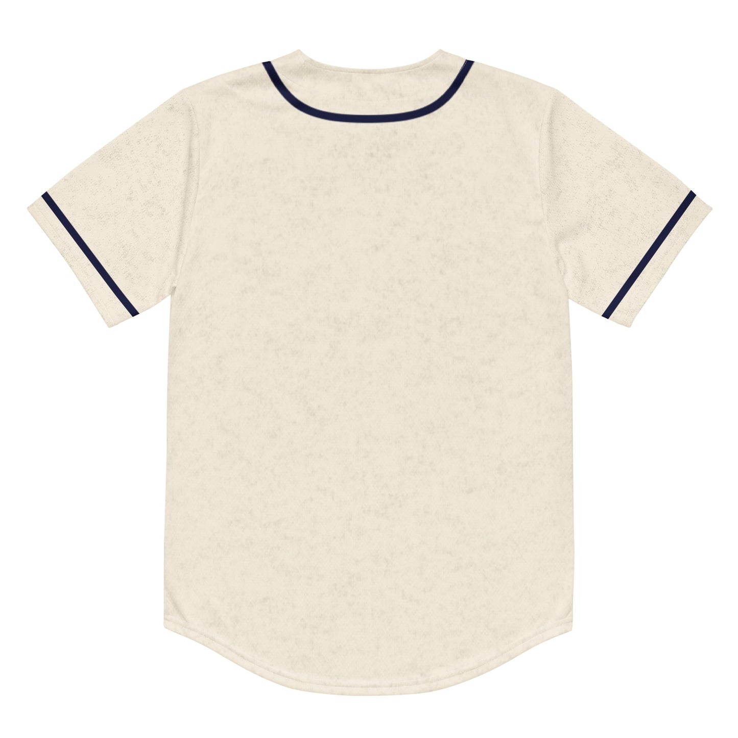 Homestead Grays white button-up jersey back. Pinstripes navy around neck and down either side of buttons. Blue stripes around sleeve ends.  Royal Retros.