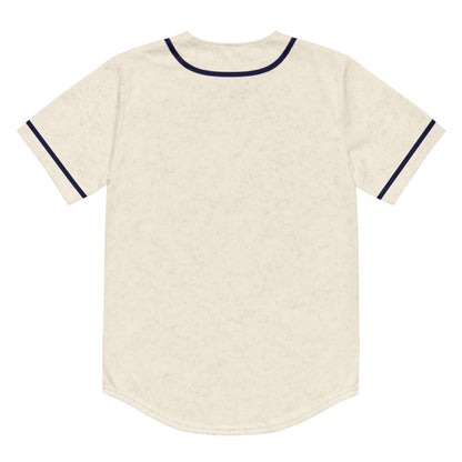 Homestead Grays white button-up jersey back. Pinstripes navy around neck and down either side of buttons. Blue stripes around sleeve ends.  Royal Retros.