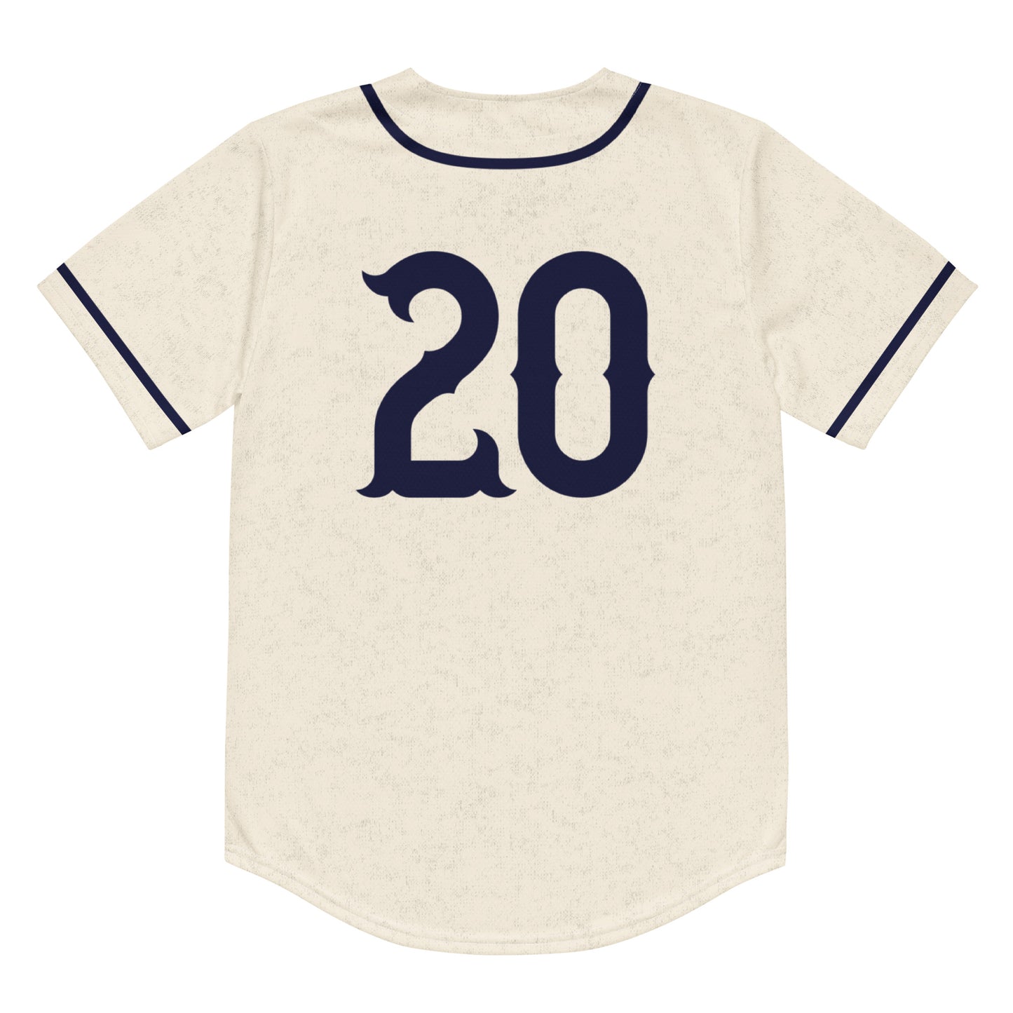 Homestead Grays white button-up jersey back. Pinstripes navy around neck and down either side of buttons. Blue stripes around sleeve ends. #20 in blue large on back. Royal Retros.